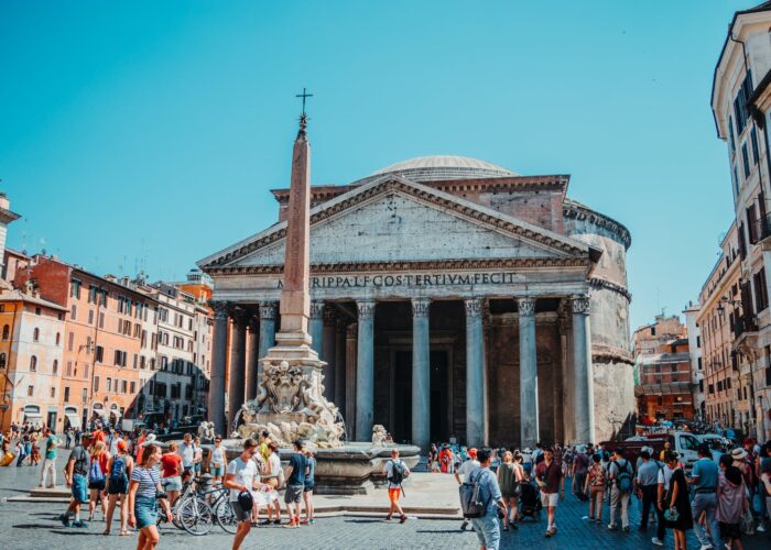 photo of people walking in front of pantheon roman temple in rome italy